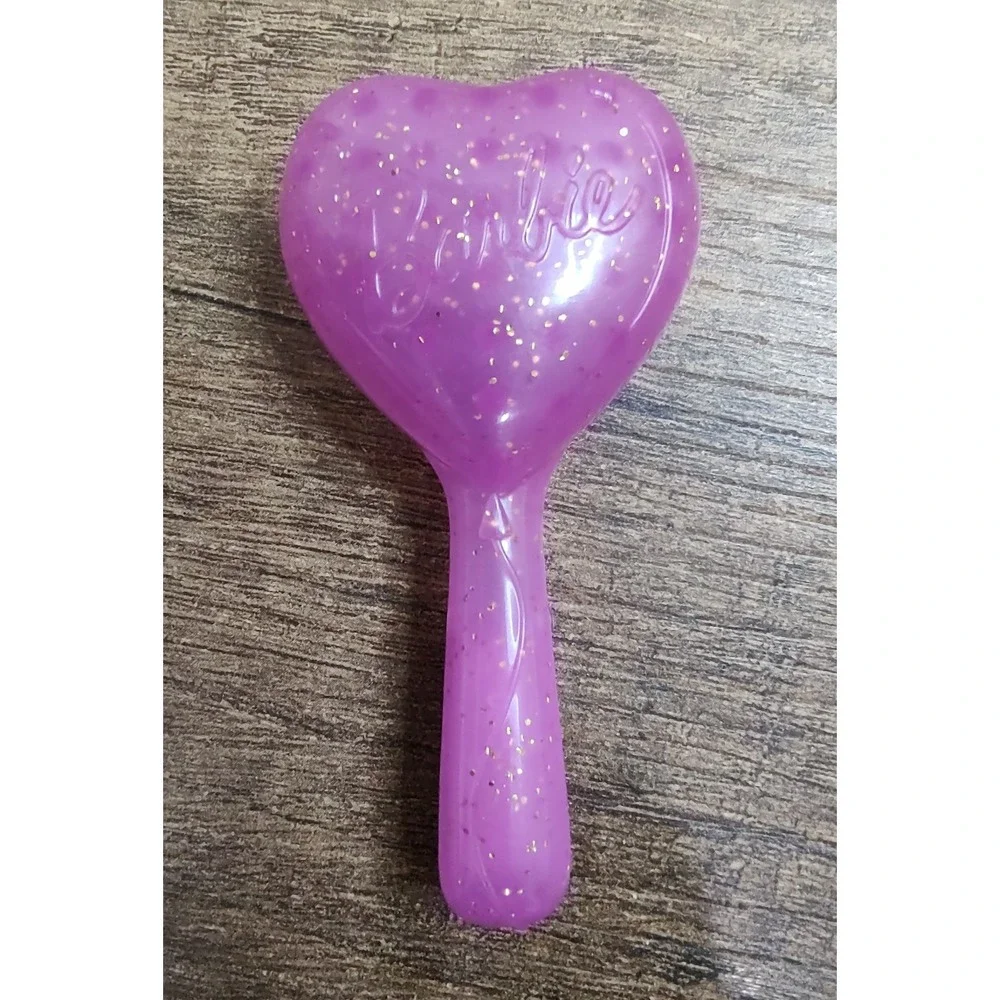 Barbie Doll Pink Heart Shaped Hair Brush Pink Glitter Sponge Handle Z20